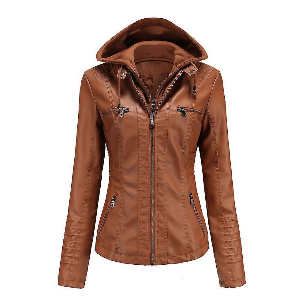 Ohpa Hooded leather jacket two-piece set with detachable oversized leather jacket for women's spring and autumn jackets camel L