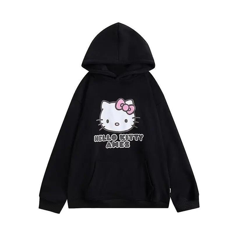 Hcankcan New Sanrio Hello Kitty Hoodie Sweater Woman Kawaii Cartoon Print Pullover Y2k Sweatshirt Winter Long Sleeve Fashion Coat Clothes Black M