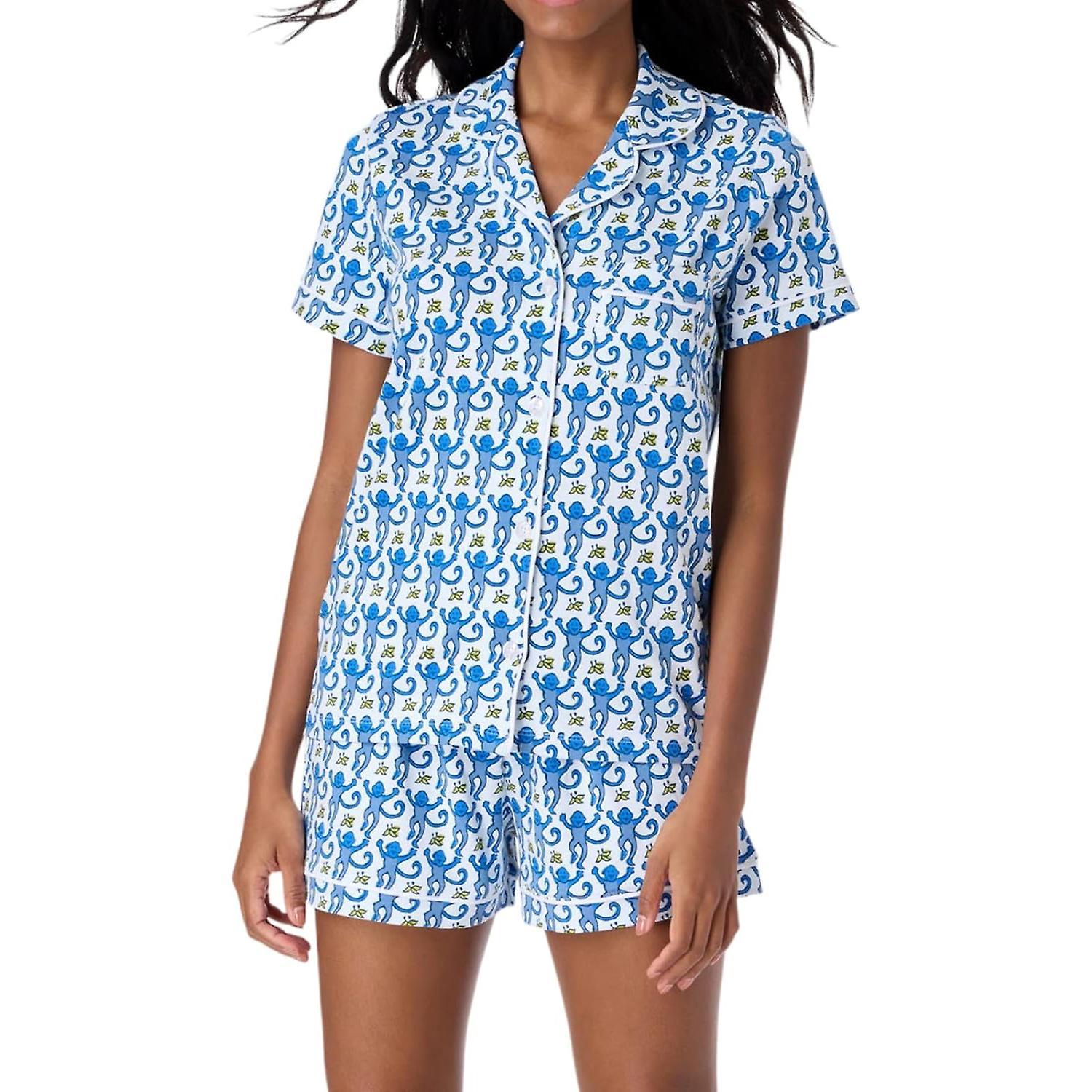 Waidfu Womens Pajamas Set 2 Piece Button Down Monkey Shorts Set Y2k Preppy Loungewear Pjs Blue S