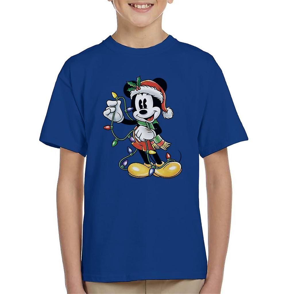 Disney Christmas Mickey Mouse Holding Xmas Lights Kid's T-Shirt Royal Blue Large (9-11 yrs)