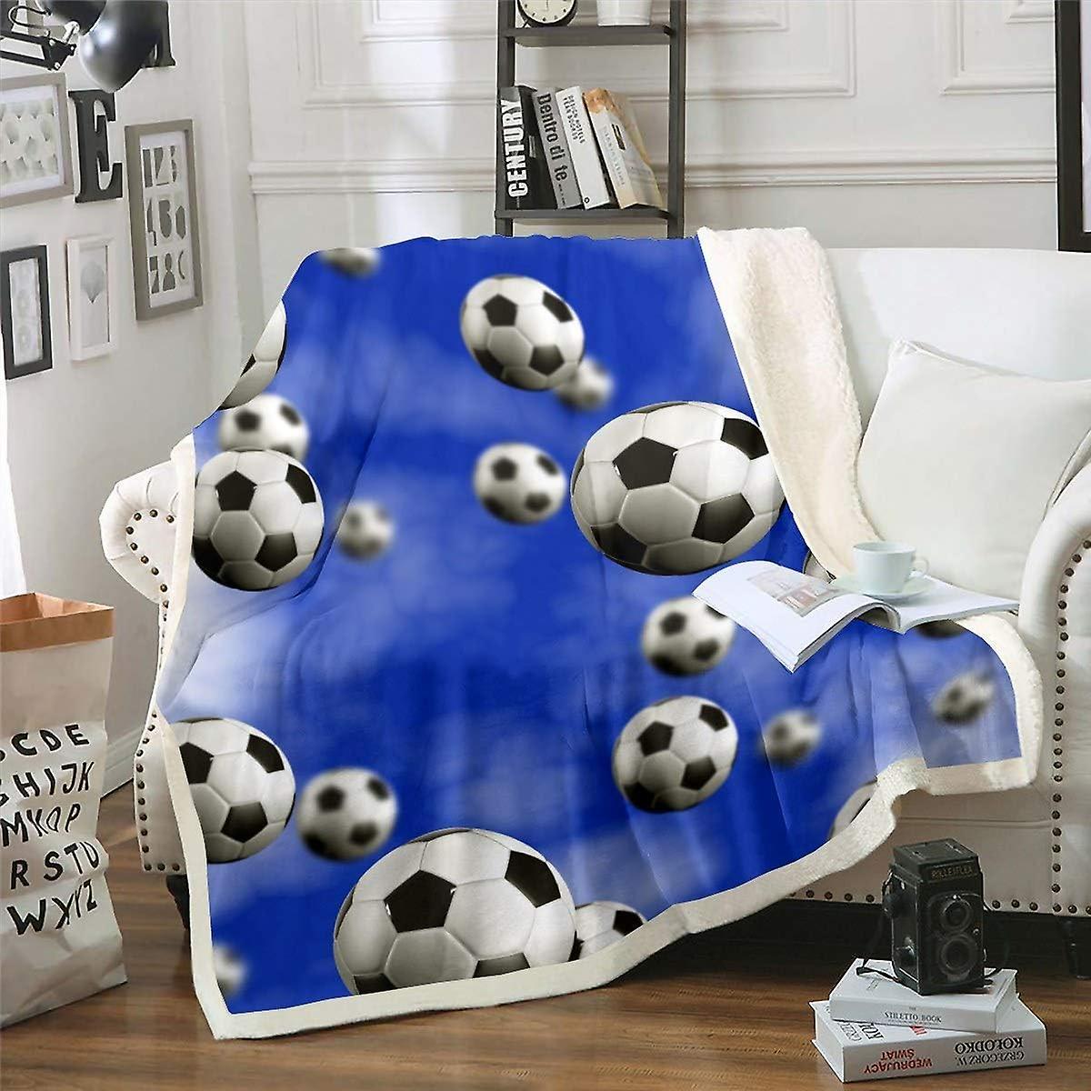 Kerota Boys Football Sherpa Throw Blanket Sports Fleece Blanket Black White Soccer Ball Pattern Warm Plush Blanket for Sofa Couch Microfiber Blue C...