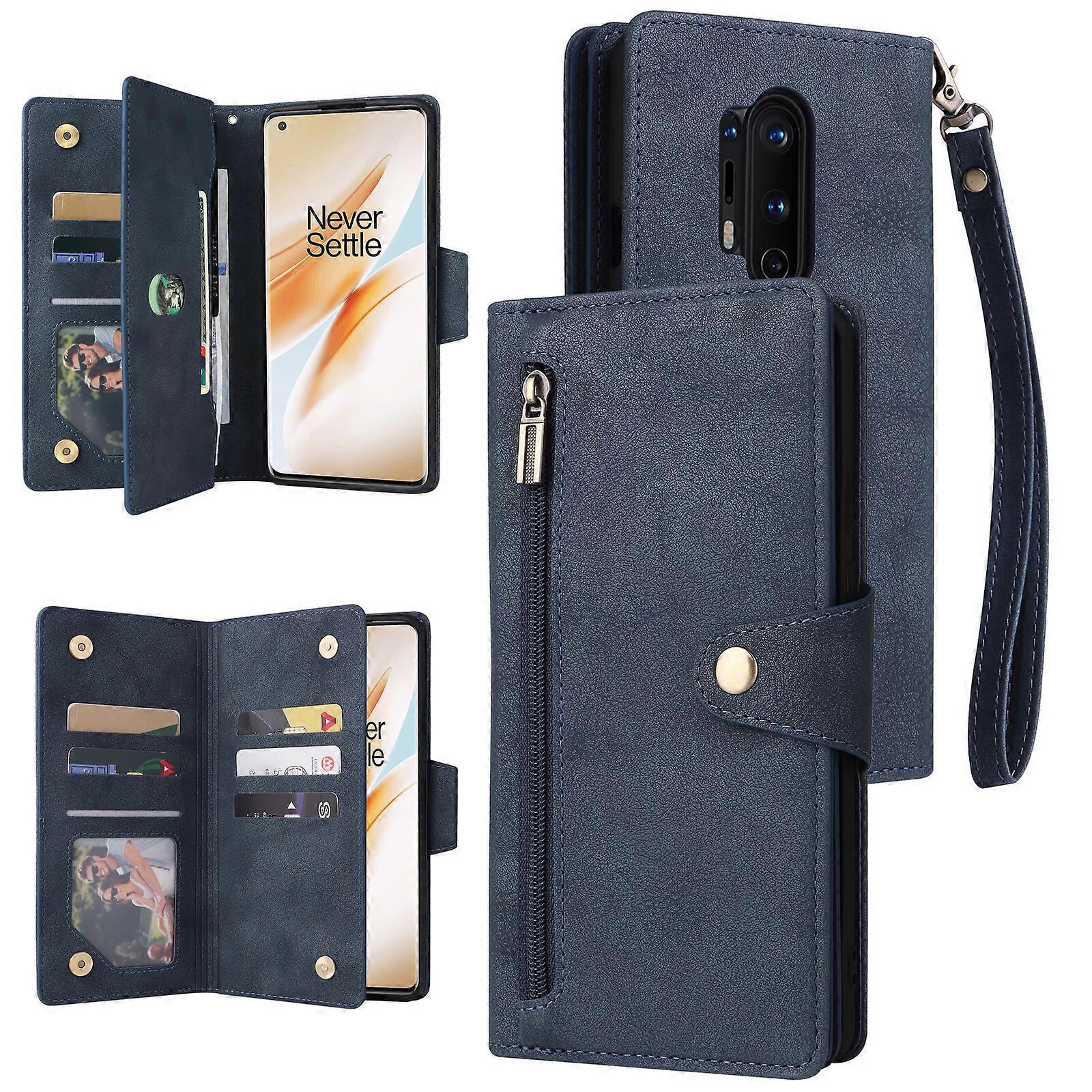 Foxdock Compatible with OnePlus 8 Pro Case PU Leather Magnetic Flip Zipper Card Holder Wallet Cover Blue