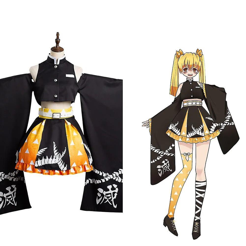 Duqi Anime Demon Slayer Agatsuma Zenitsu Cosplay Costume Kimono Outfits Halloween Carnival Suit Black M