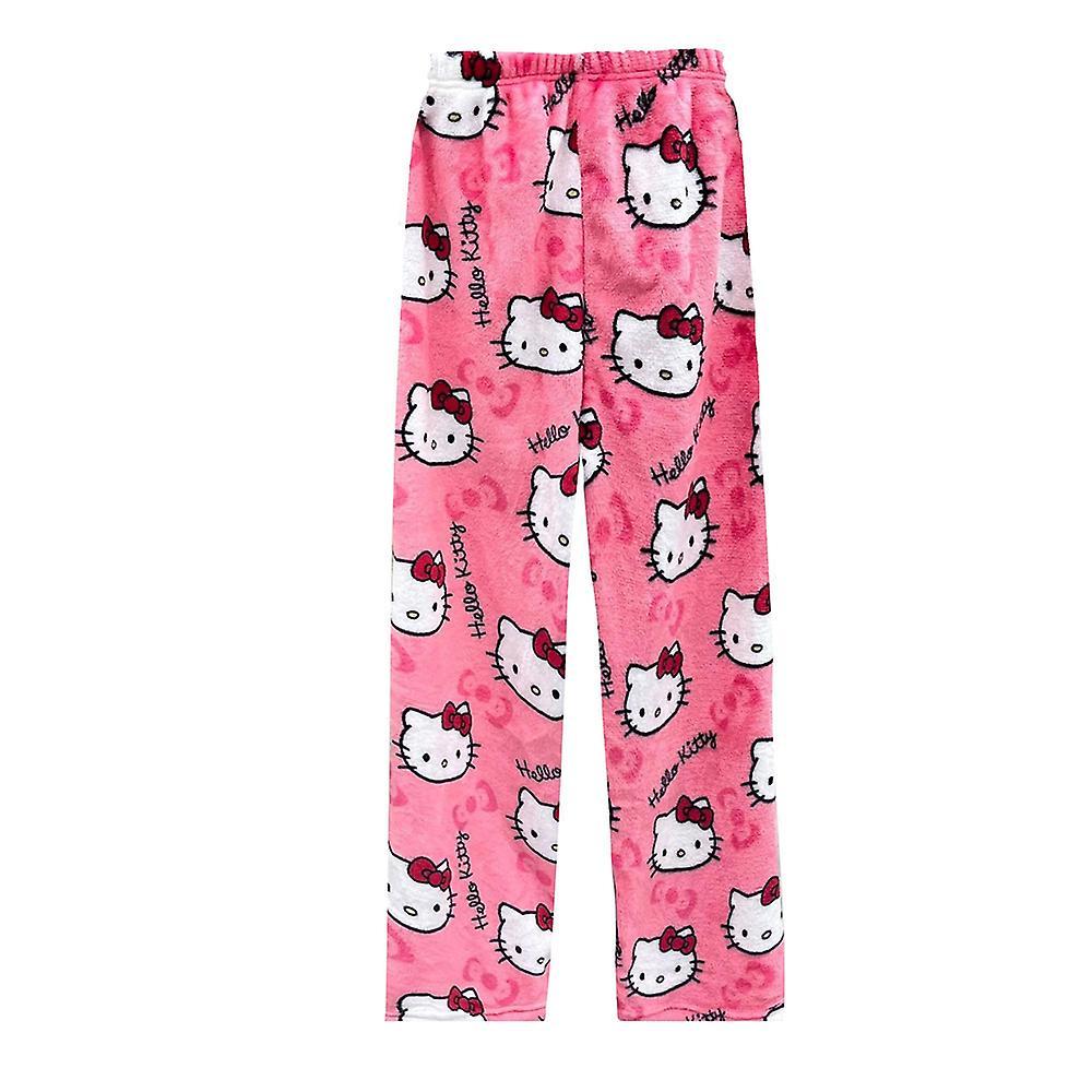 Waytogo Kawaii Cute Pajamas For Women Girls Cartoon Cat Kitty All Over Print Flannel Christmas Anime Soft Sleep Pajamas Pants Pink XL