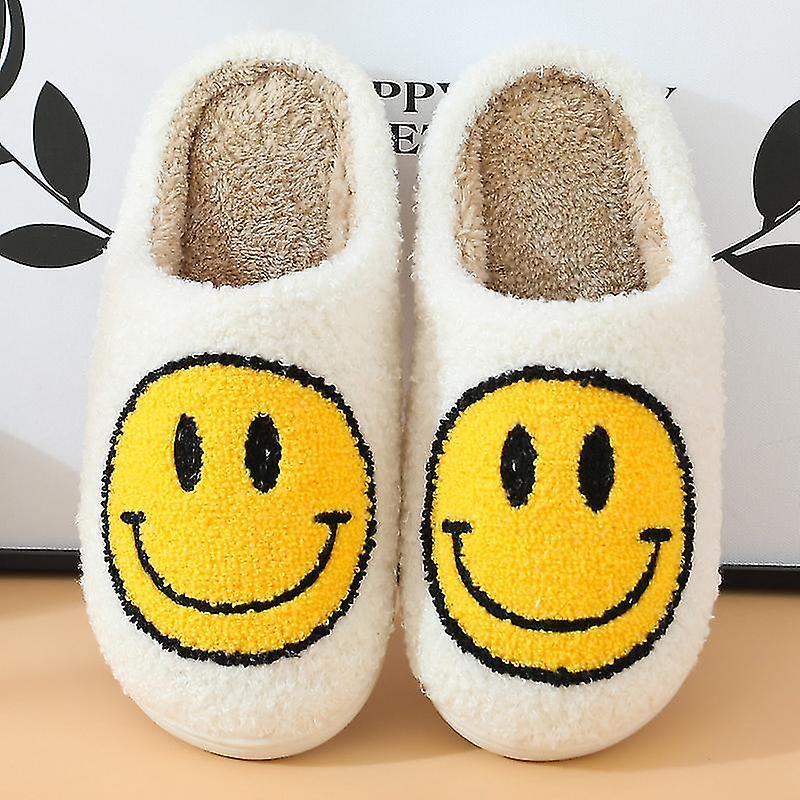 Nss Retro Smiling Face Soft Plush Comfy Warm Slip-on Slippers For Couples Winter Warm Indoor Supply White 37-38