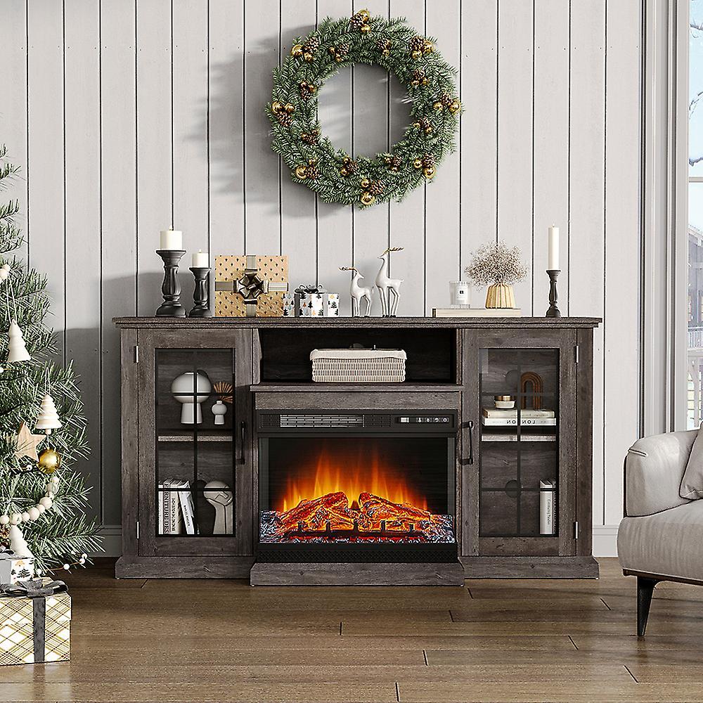 Living And Home 3-Sided Electric Fireplace TV Stand with Glass Door Closed Storage,Black