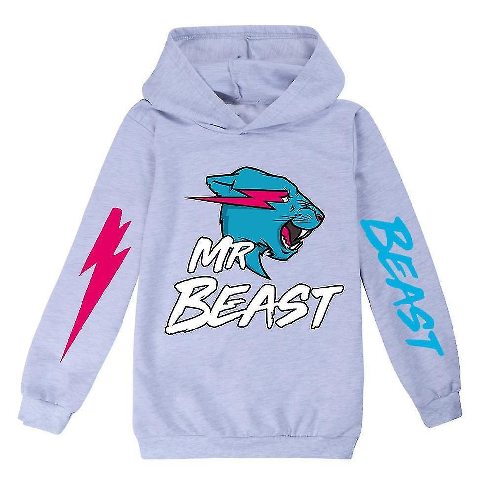 Shinestar 7-14 Years Kids Teens Boys Girls Mr Beast Lightning Cat Printed Hoodies Casual Hooded Sweatshirt Jumper Pullover Tops Gifts Gray 13-14 Years