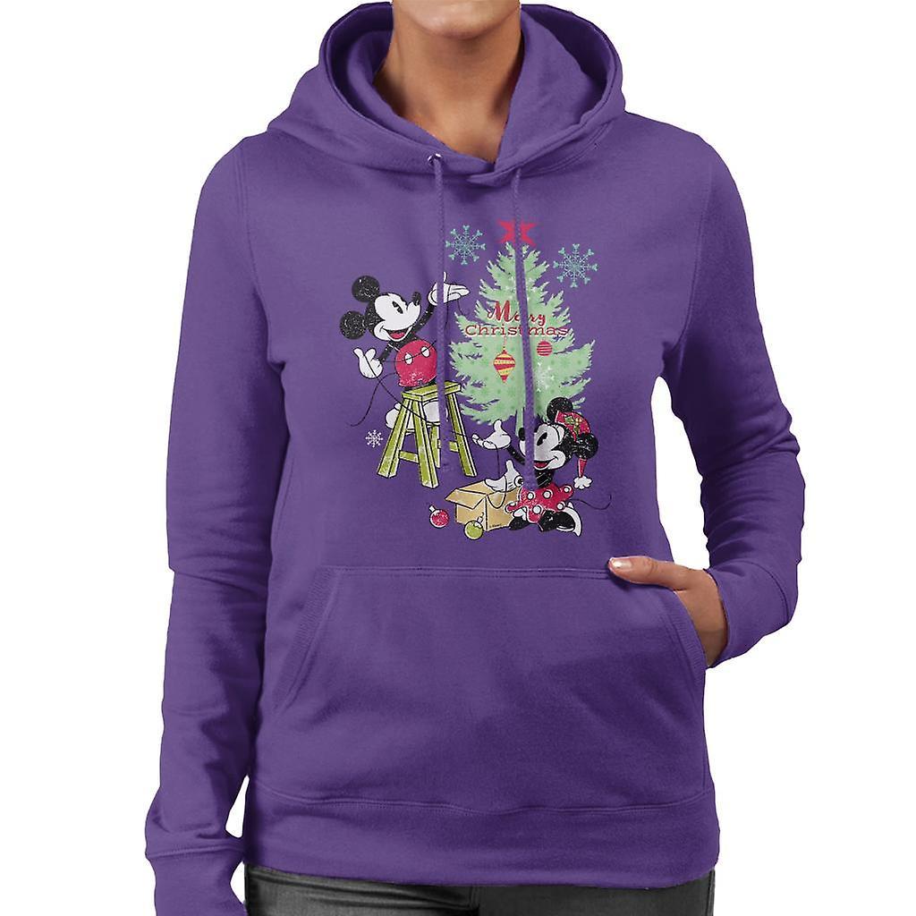 Disney Christmas Mickey And Minnie Mouse Decorating Women's Hooded Sweatshirt Purple Large