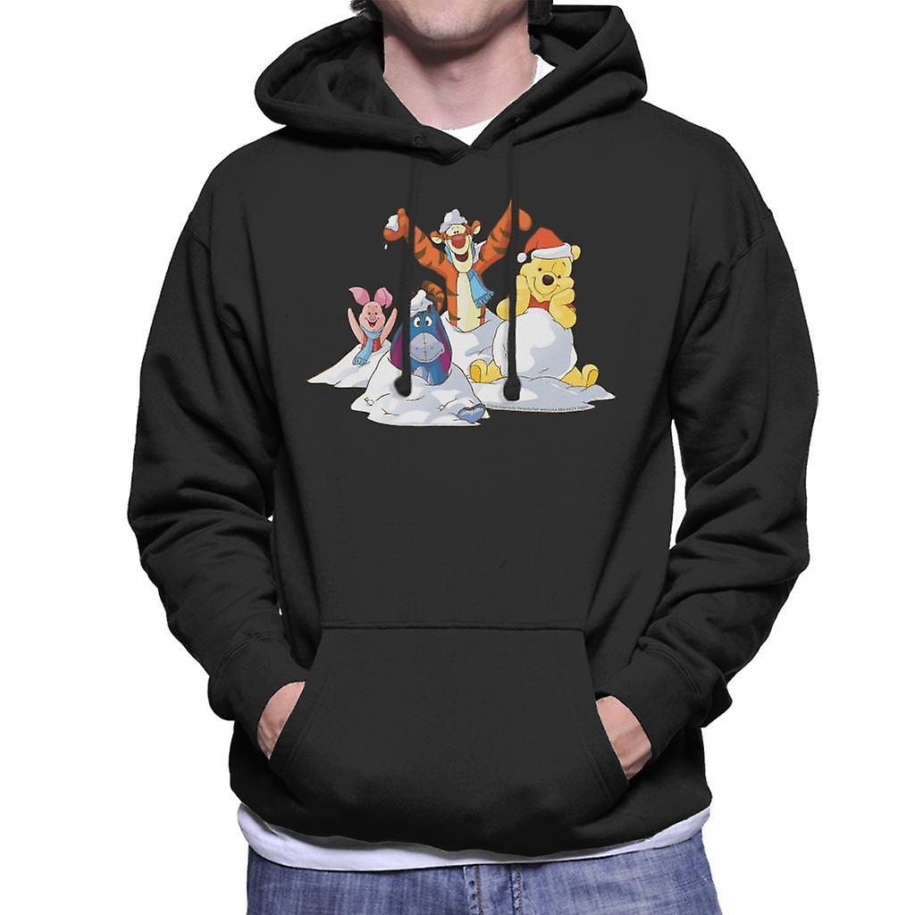 Disney Christmas Winnie The Pooh In The Snow With Friends Men's Hooded Sweatshirt Black Large