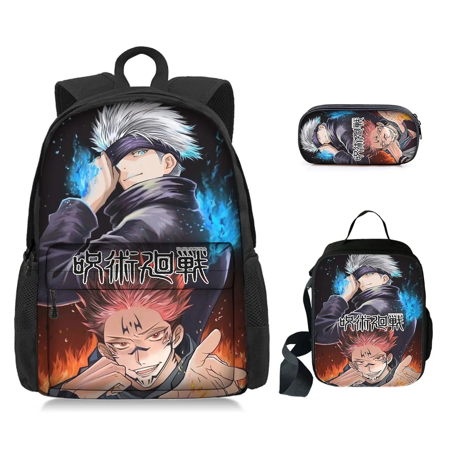 Htclv 3pcs/set Anime Jujutsu Kaisen Backpack Gojo Satoru Cartoon Bags Boys Girls Cartoon Large Capacity Rucksack Crossbody Bag Pen Bag A10