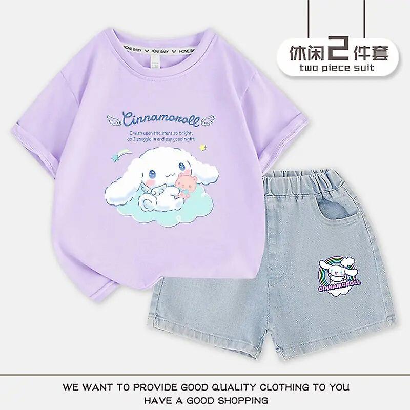 Aionyaaa Sanrio Anime Kawaii Cinnamoroll Girls Clothes Set Short Sleeve T-shirts Denim Shorts Cute Cartoon Kids Half Sleeve Top Gift 100 12