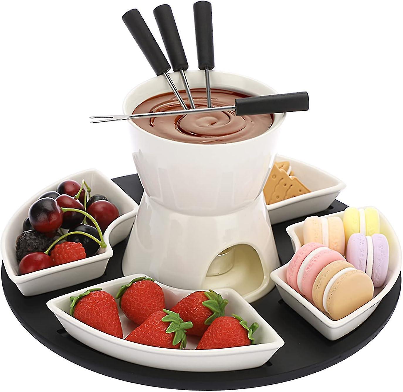 Meet White Ceramic Chocolate Fondue Pot Set Cheese Ice Cream Warmer, 300ml Butter Fondue Set Tea Light Candle Fondue Pot With Wooden Pallet And 4 F...