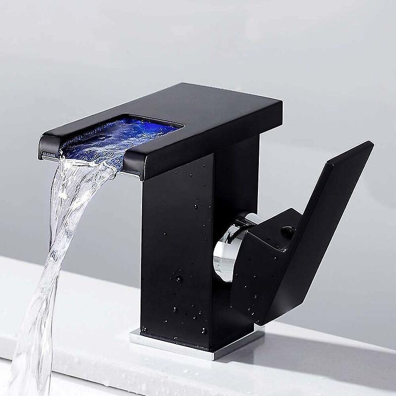 Dewenwils DWW-Cascade LED Robinet (Noir) De Salle De Bains Noir Cascade Chaud Froid Comptoir Lavabo Lavabo Salle De Bains Robinet