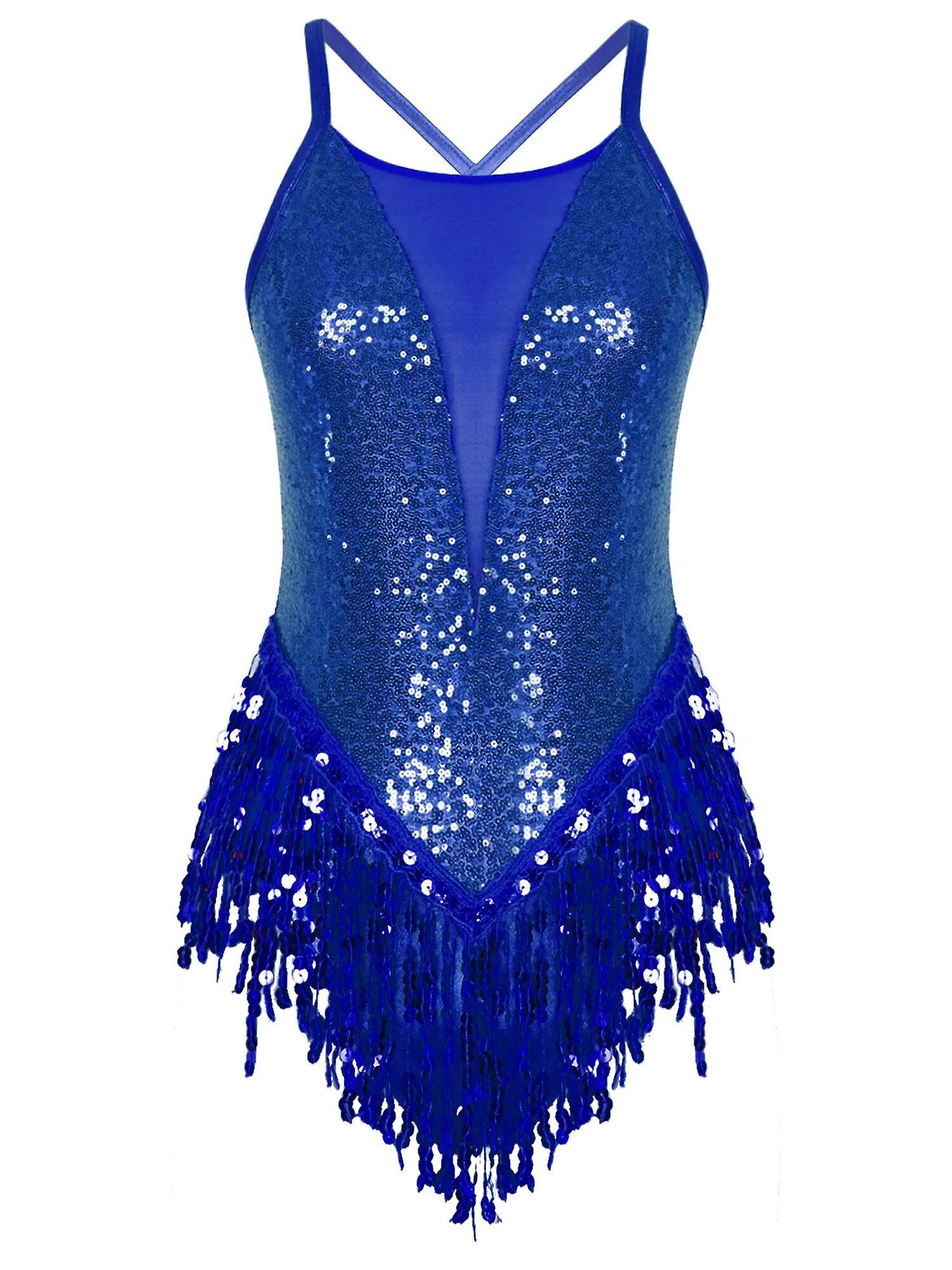 Aionyaaa Womens Sparkling Sequins Tassels Cha-cha Samba Latin Dance Leotard Bodysuit Skating Gymnastics Jumpsuit Performance Costume M Royal Blue