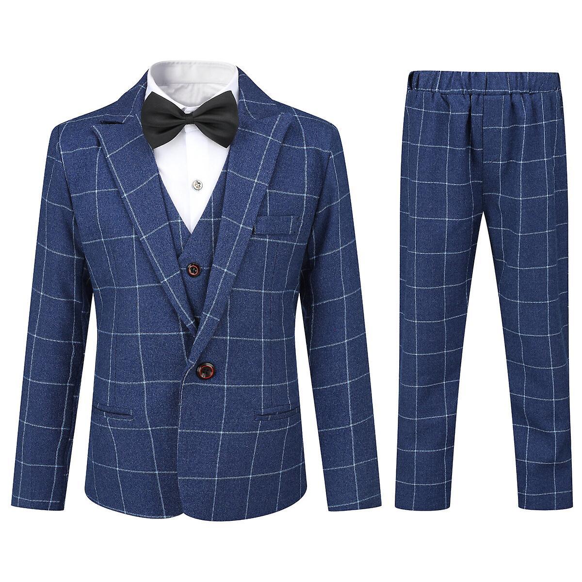 Sliktaa Boys 3 Piece Business Suit Plaid Wedding Blazer and Waistcoat and Pants Blue 160CM