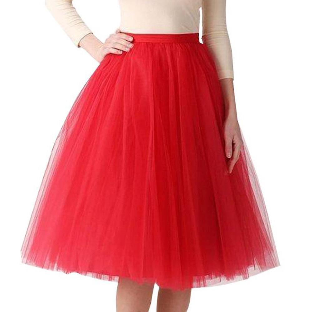 Baodan Womens Pleated Gauze Knee Length Skirt Adult Dancing Skirt Tutu Tulle Skirt Petticoat Underskirt Red