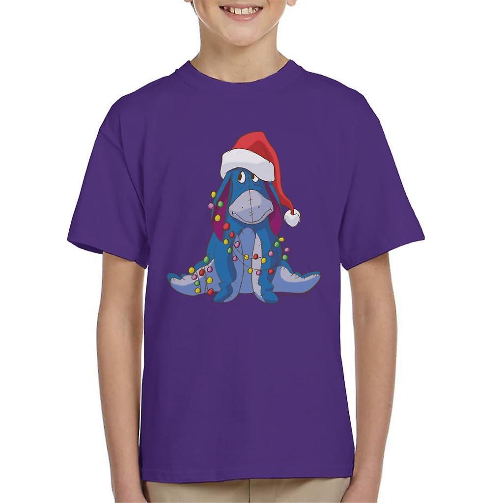 Disney Christmas Eeyore Tangled In Festive Lights Kid's T-Shirt Purple X-Small (3-4 yrs)