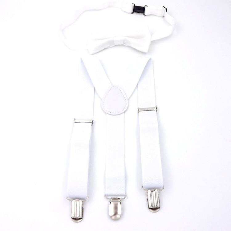 Slowmoose Adjustable And Elasticated Kids Suspenders With Bowtie Bow Tie Set white