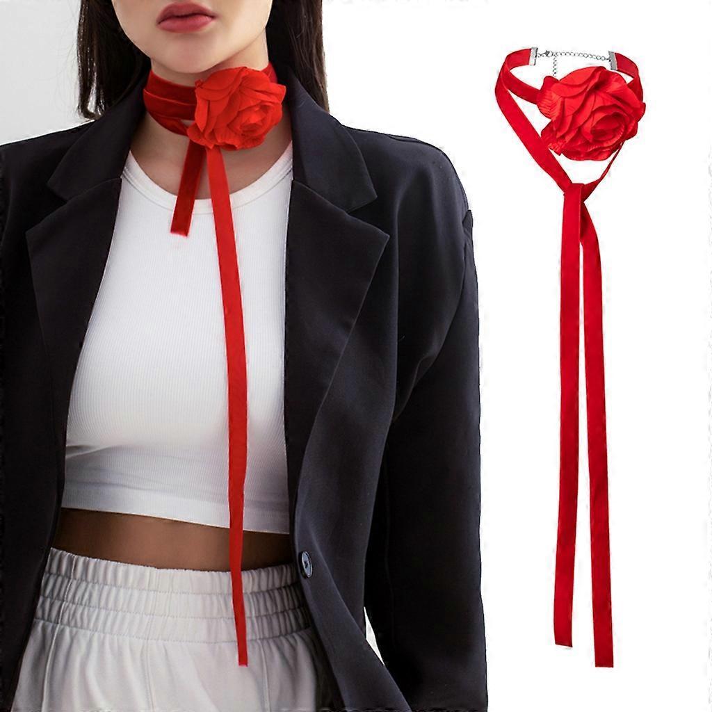 Unbrand Rose Flower Collarbone Chain Necklace Velvet Collar Choker Necklace Ornament Red