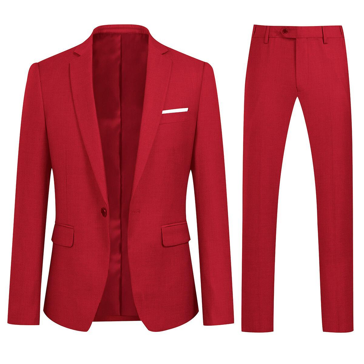 YOUTHUP Mens 2 Piece Business Slim Formal 1 Button Suit Set Red 3XL