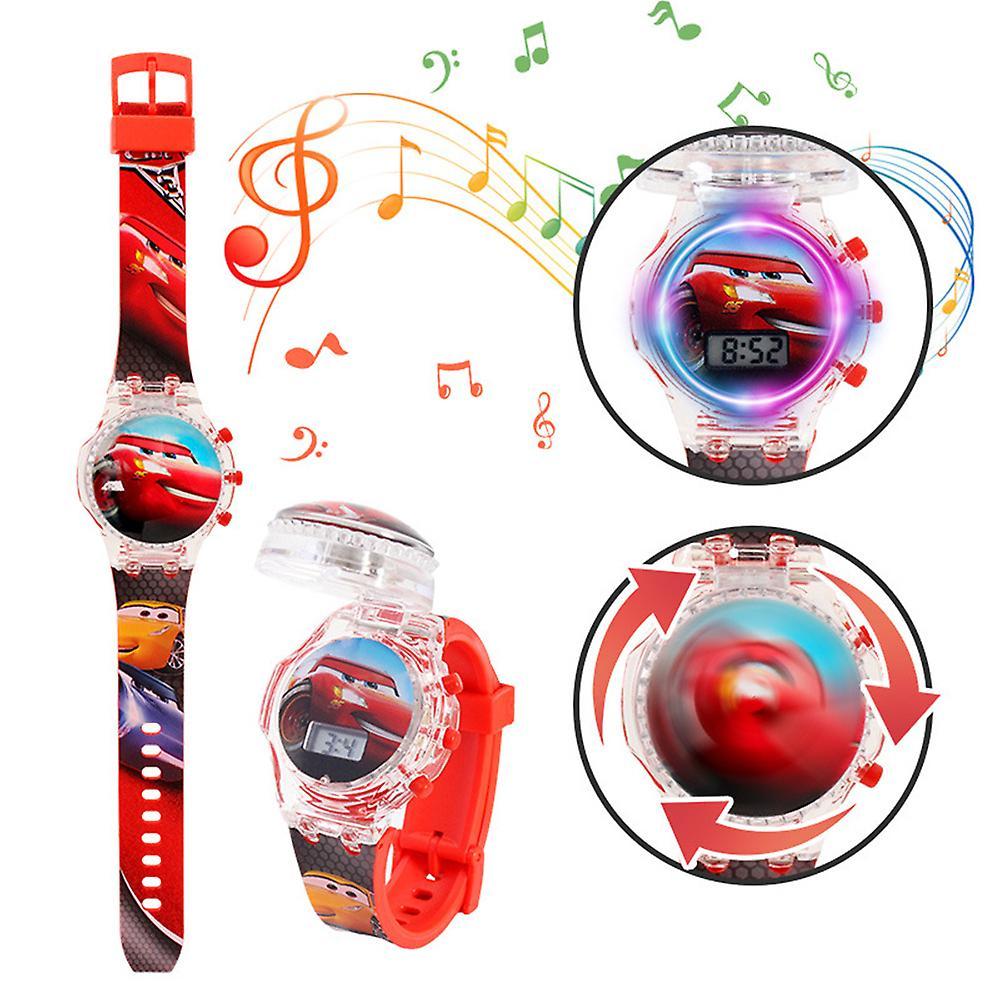 Waytogo Kids Children Cartoon Watch Flashing Light Up Glow Digital Musical Watches Spinning Top Flip Cover Wristwatch New Year Gift Cars