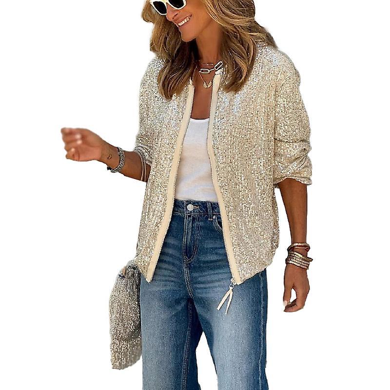 Waidfu Women's Sequin Jacket Casual Fitted Long Sleeve Zipper Blazer Party Bomber Jacket Silver M