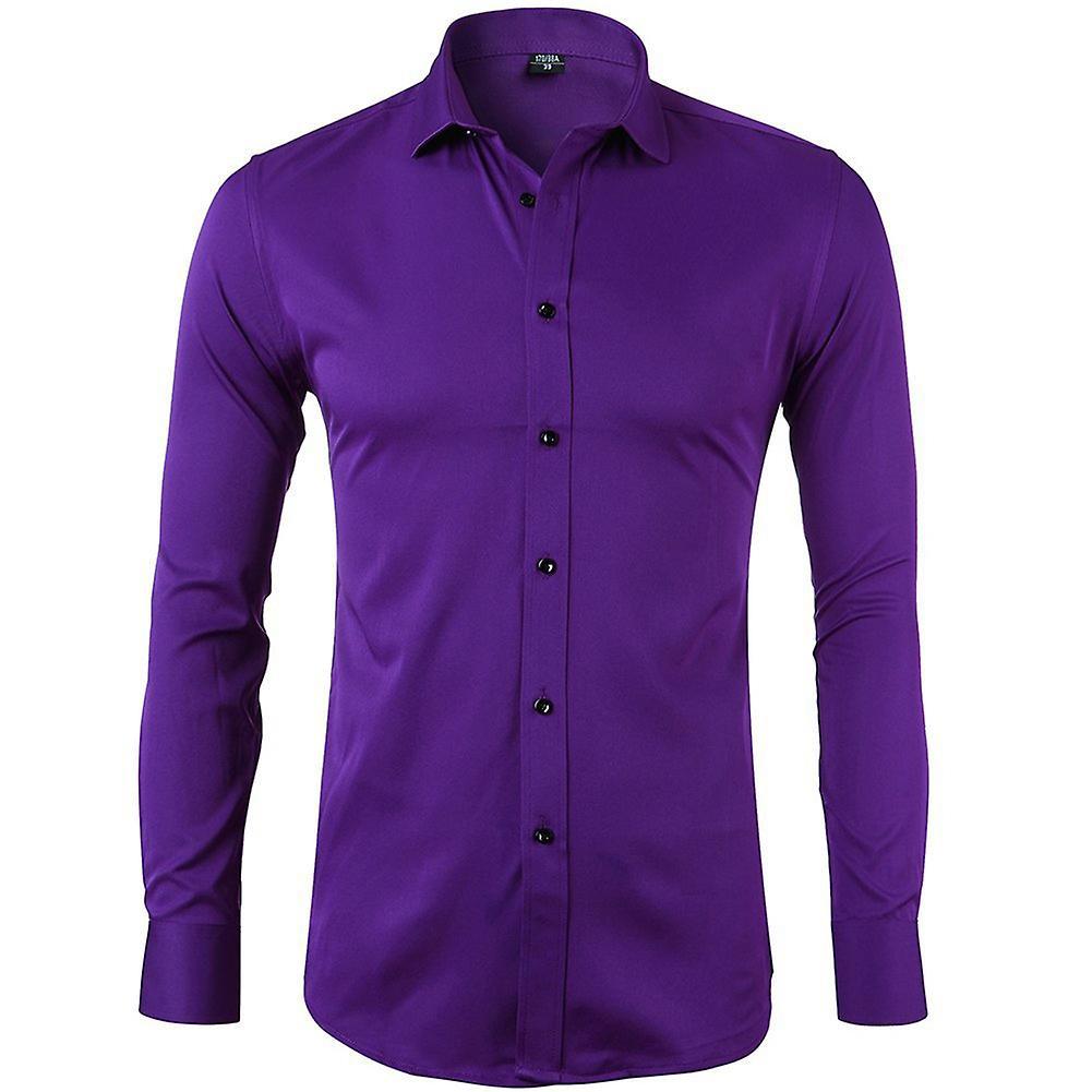 Allthemen Mens Business Solid Color Lapel Slim Shirt Purple M