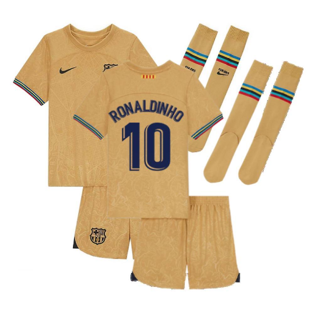 Nike 2022-2023 Barcelona Little Boys Away Kit (RONALDINHO 10) Gold XSB 3/4yrs (98-104cm)