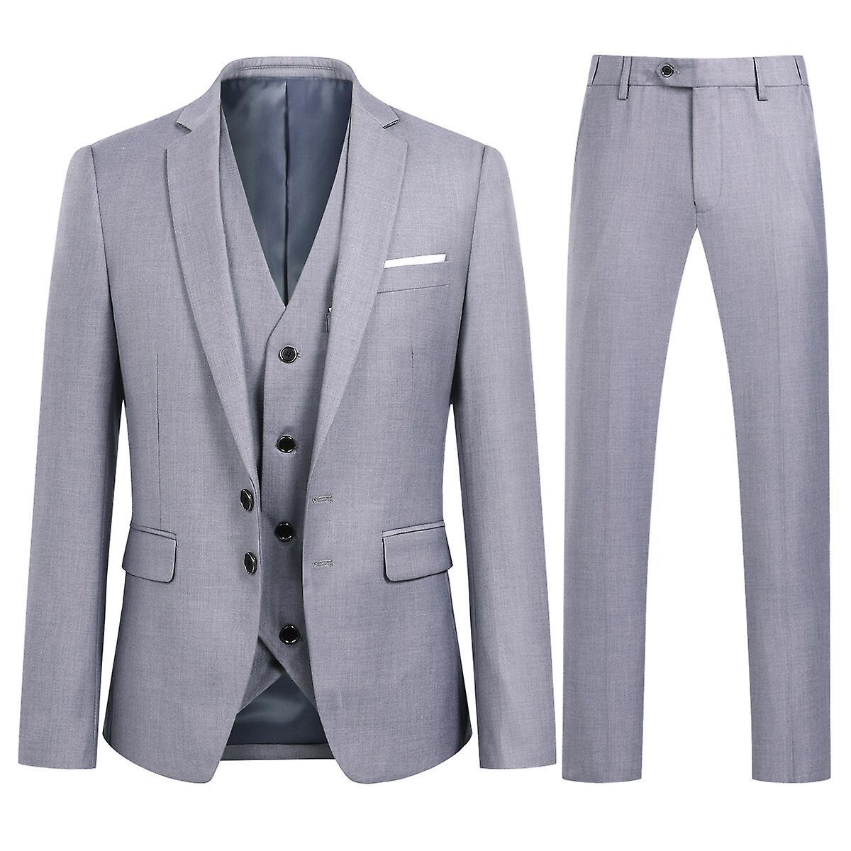 Allthemen Mens 3-Piece Suit Business Wedding Solid Color Slim-fit Blazer and Pants and Vest Light Grey M