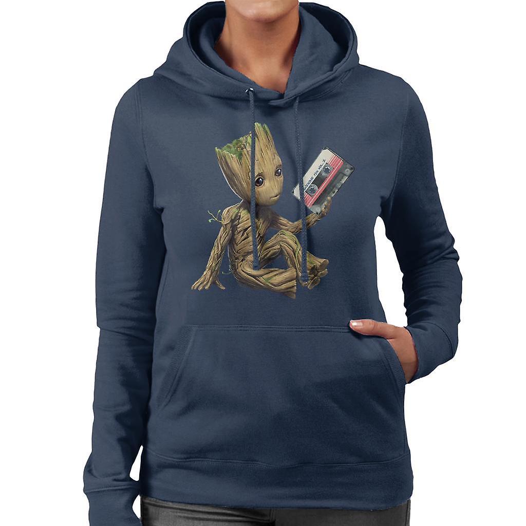 Marvel Guardians Of The Galaxy Vol 2 Groot Holding Awesome Mix Women's Hooded Sweatshirt Navy Blue Medium