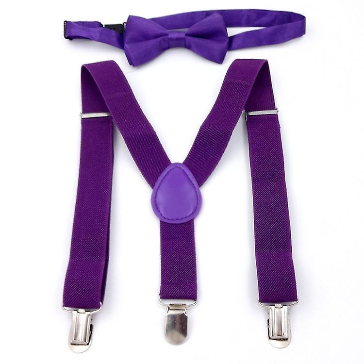 Slowmoose Adjustable And Elasticated Kids Suspenders With Bowtie Bow Tie Set dark purple