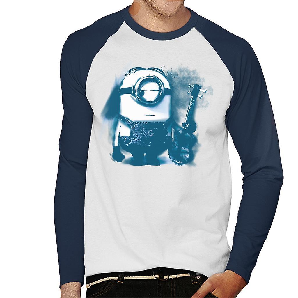 Despicable Me Stuart The Minion Guitar Art Men's Baseball Long Sleeved T-Shirt White/Navy X-Large