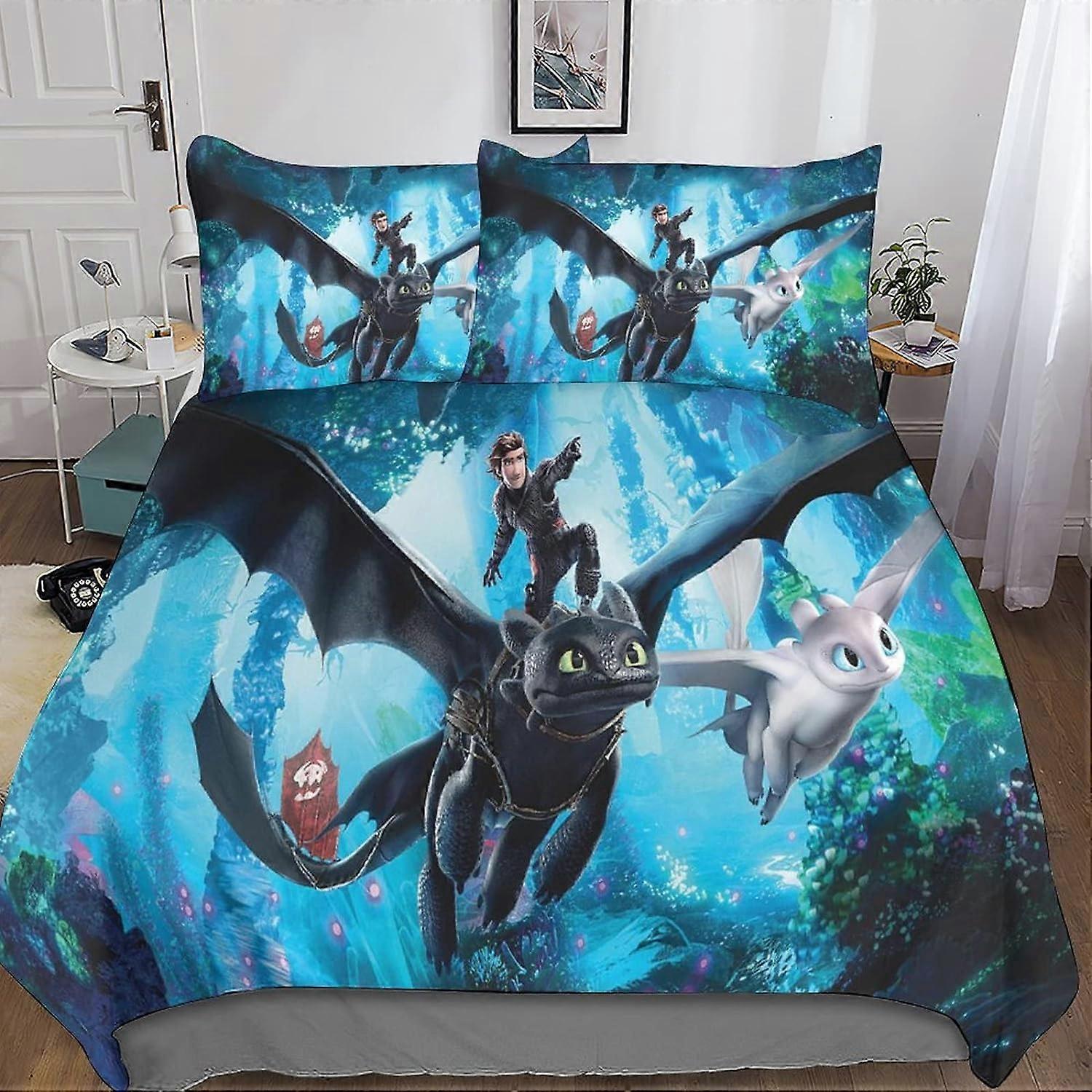 Kerota 3D Train Dragon Duvet Cover, 3 Pieces with Pillowcases, Microfiber Set, Zipper Closure, Bedding Set for Adults and Children Double200x200cm