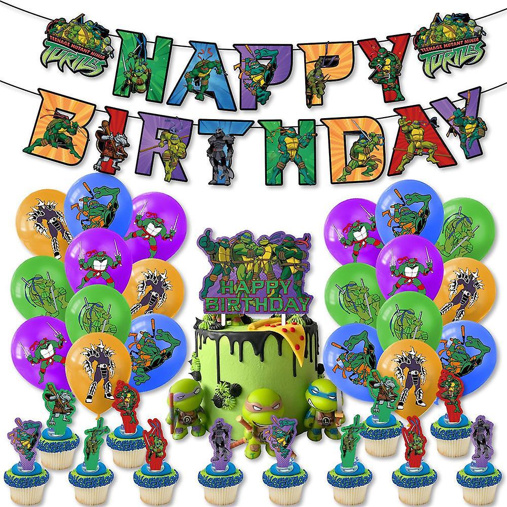 Vicbuy Teenage Mutant Ninja Turtles Theme Party Decoration Set Happy Birthday Banner Pulling Flag Balloon Kit Cake Cupcake Toppers Party Supplies