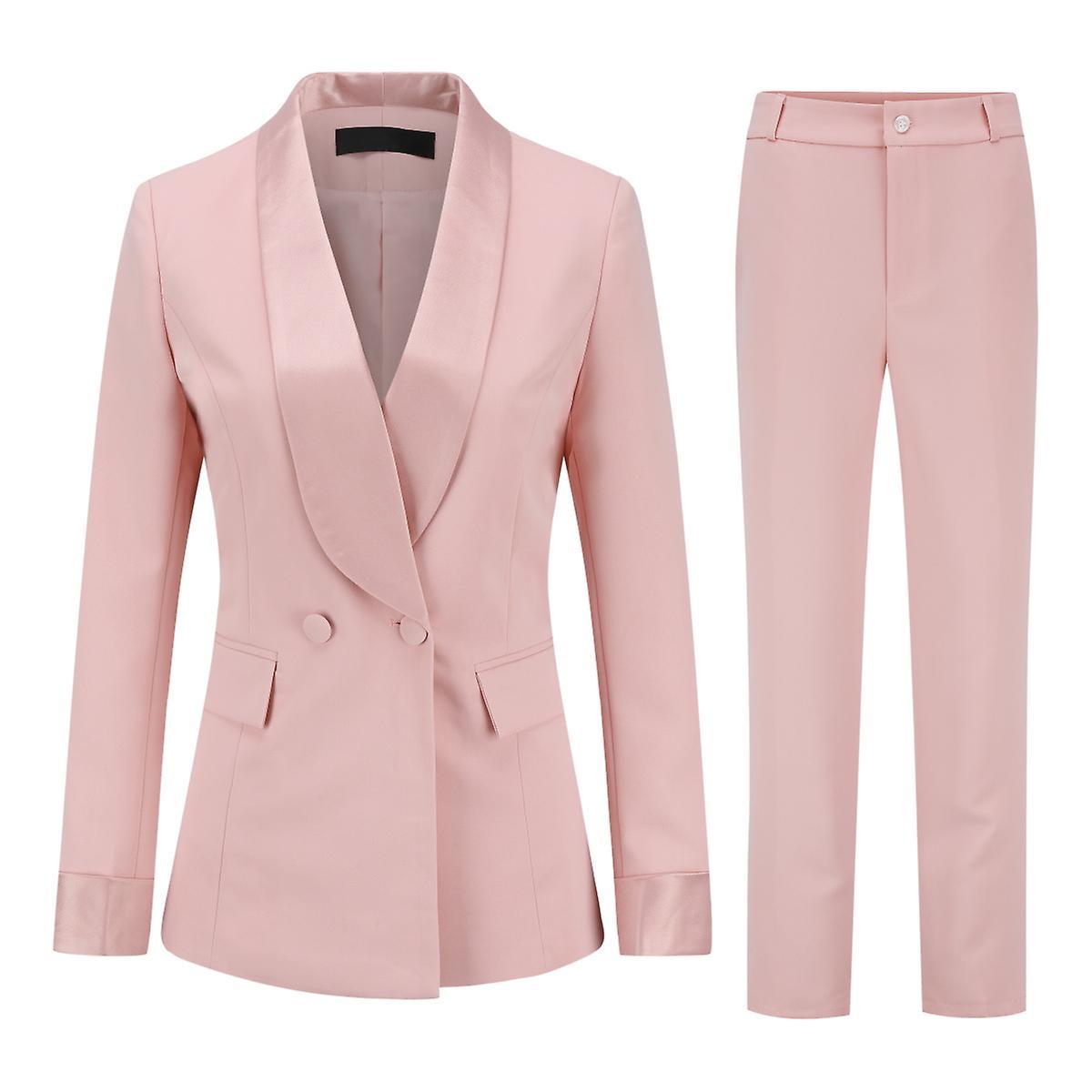 Yynuda Womens 2-piece Shawl Lapel Formal Dress Office Lady Slim Business Suit (blazer + Pants) Pink XL