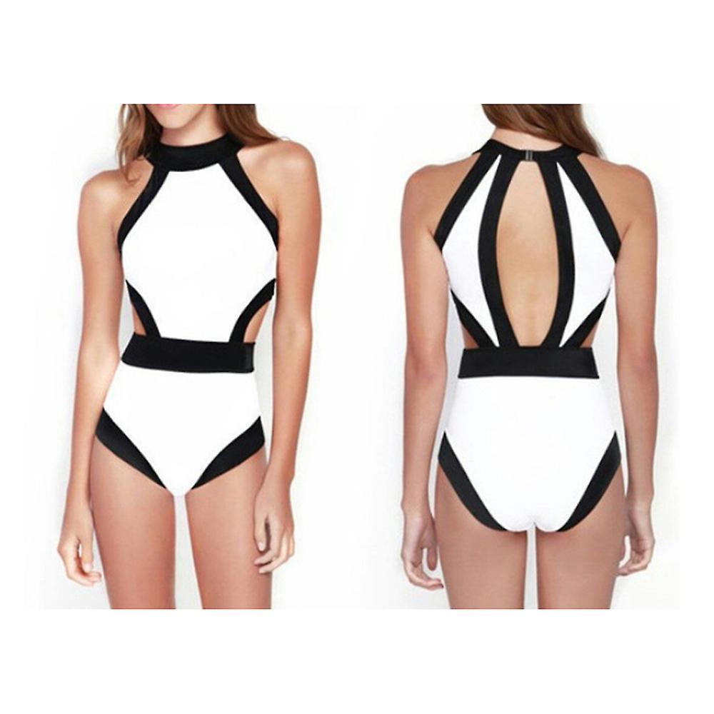 Yiran Monokini One-piece Black And White Stitching Cutout Beach Swimsuit Black border and white background S