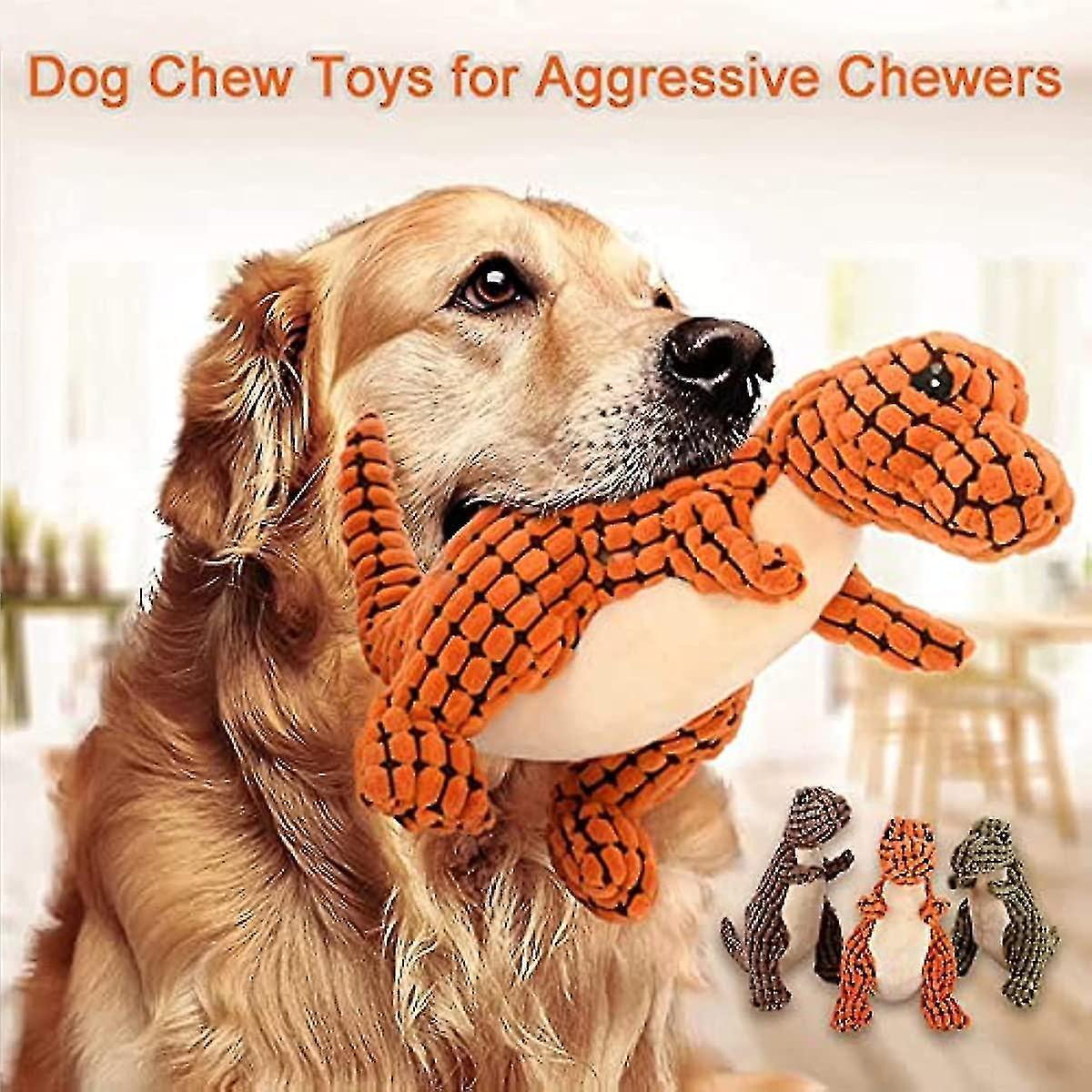 Tianzun Indestructible Robust Dino, Interactive Squeaky Robustdino Dog Toys For Aggressive Chewers, Stuffed Dog Chewer Toys Brown