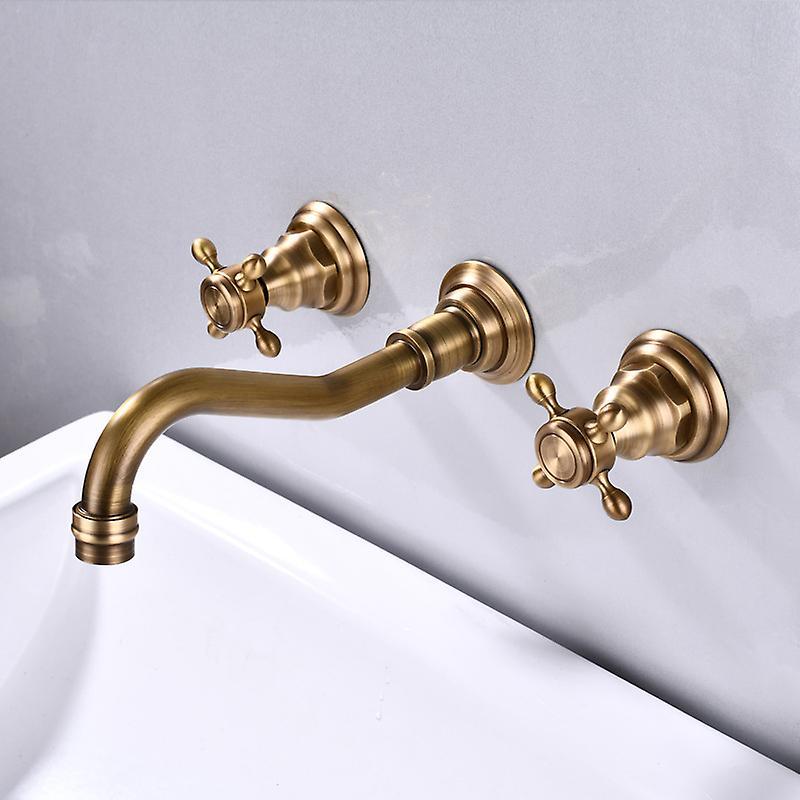 Huxmotor Antique Brass Bathroom Sink Faucet Wall Mount 3 Holes 2 Cross Knobs Brass Lavatory Basin Mixer Tap Mixing Spout Double Handles Commercial