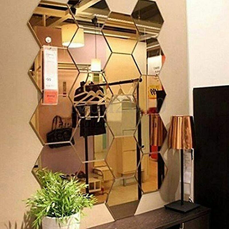 Newway Set Of 12 Acrylic Mirrors Plastic Hexagon Wall Stickers Compatible Home Decor, Compatible Living Room, Bedroom, Above Sofa Or Tv Gold,dolaso