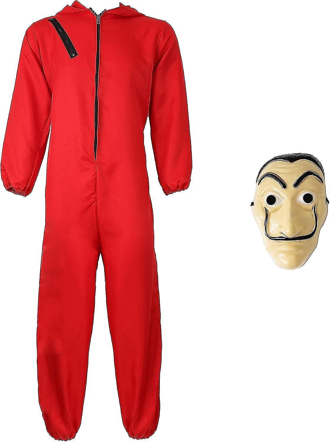 Jnnjv Adults Unisex Bank Robber Fancy Dress Costume - Red Jump Suit With Hood Costume - T.v. Show Fancy Dress 115CM