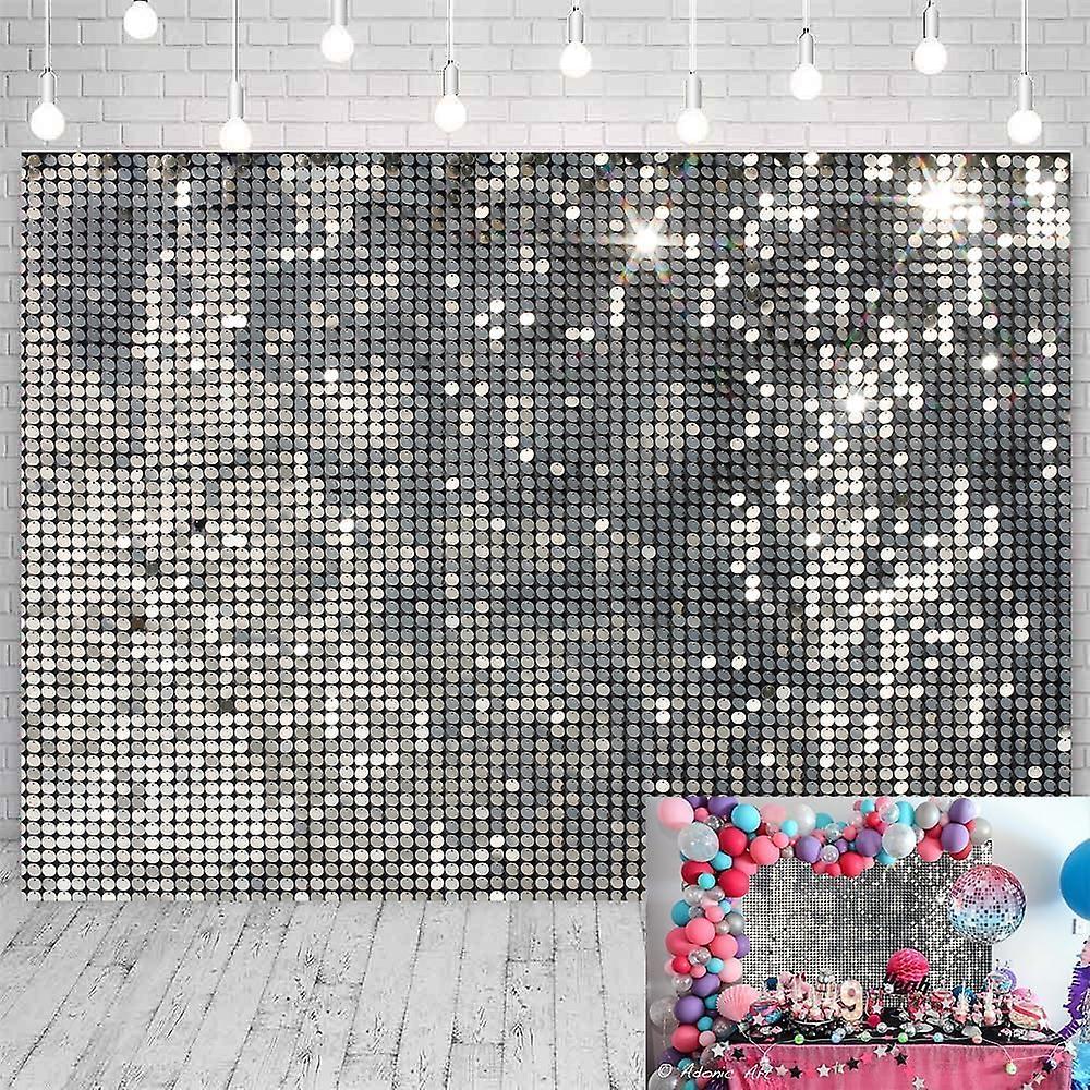 Szczw Silver Disco Party Backdrop Silver White Photography Backdrop Happy Birthday Bridal Shower Wedding Baby Portrait Photo Shoot Props (210x150cm)