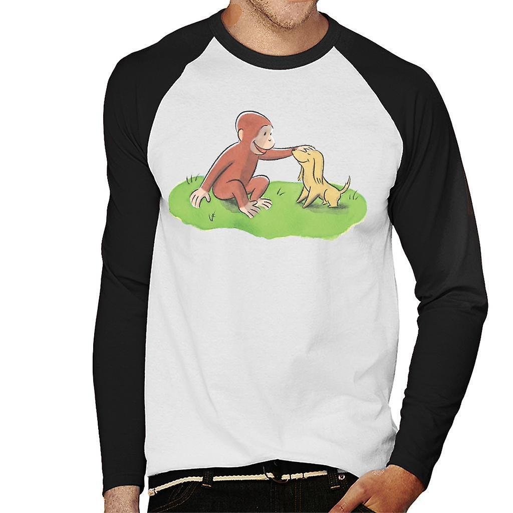 Curious George Stroking Dog Men's Baseball Long Sleeved T-Shirt White/Black Medium