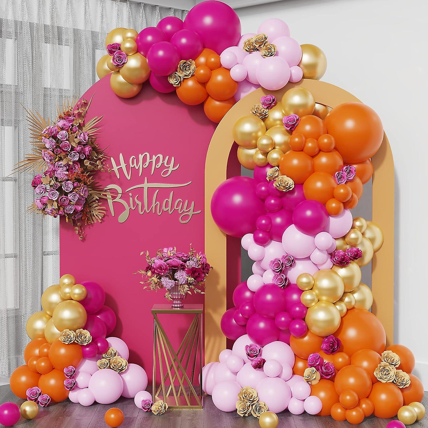 Heyone Hot Pink Orange Balloon Garland Arch Kit, 158pcs Pink Orange And Chrome Metallic Gold Balloons For Birthday Baby Shower Tropical Party (hot ...