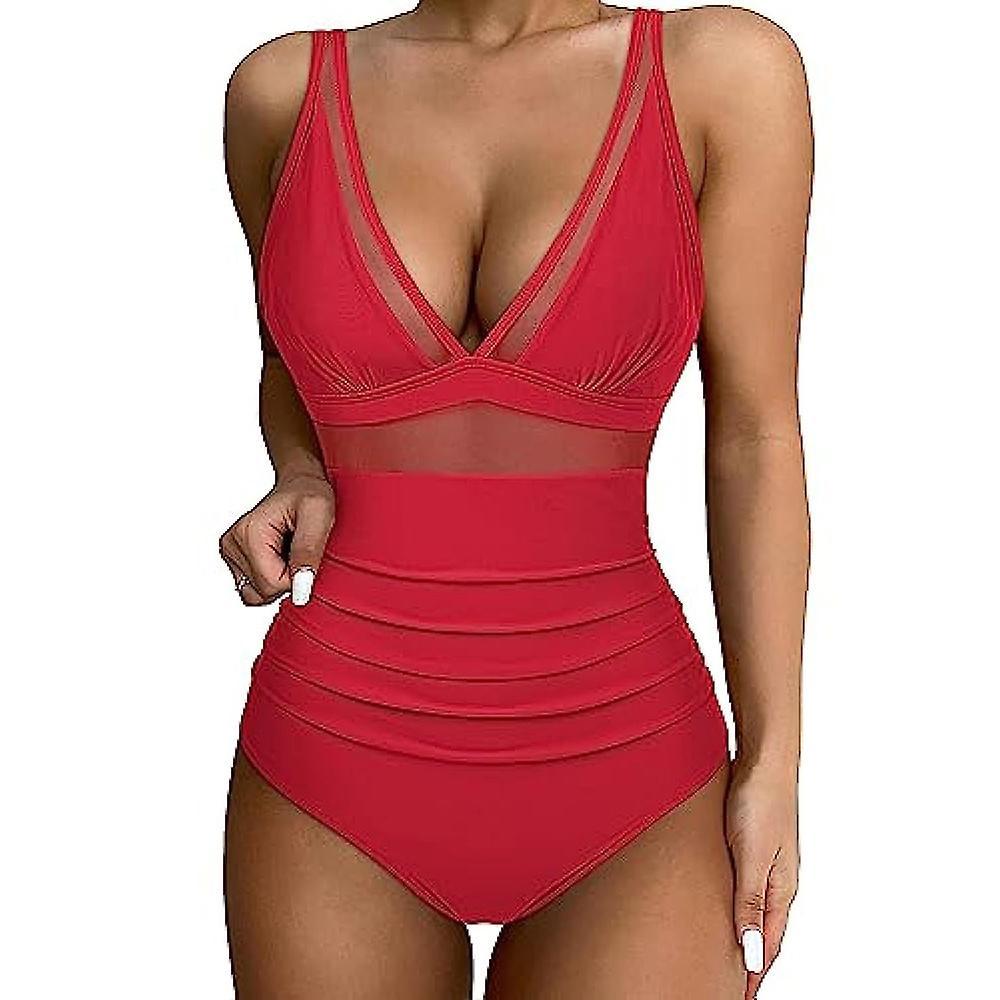 Vicbuy Holiday Sexy Deep V-Neck Padded Monokini Swimsuit One Piece Swimwear Bathing Suit Beachwear for Women Red XL