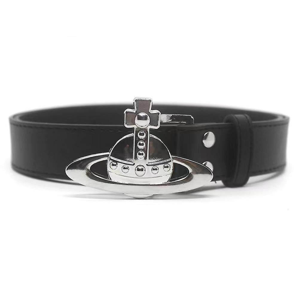 Sychie Alloy Leather Saturns Buckle Waist Belt Stylish Style Adjustable Waistband for Dating black