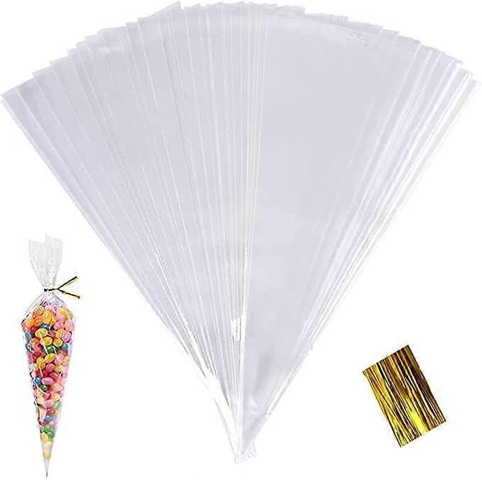 Denuotop 100PCS Clear Cone Bags, Sweets Cellophane Treat Bags, 25x13cm Plastic Candy Triangle Bags with Twist Ties for Food