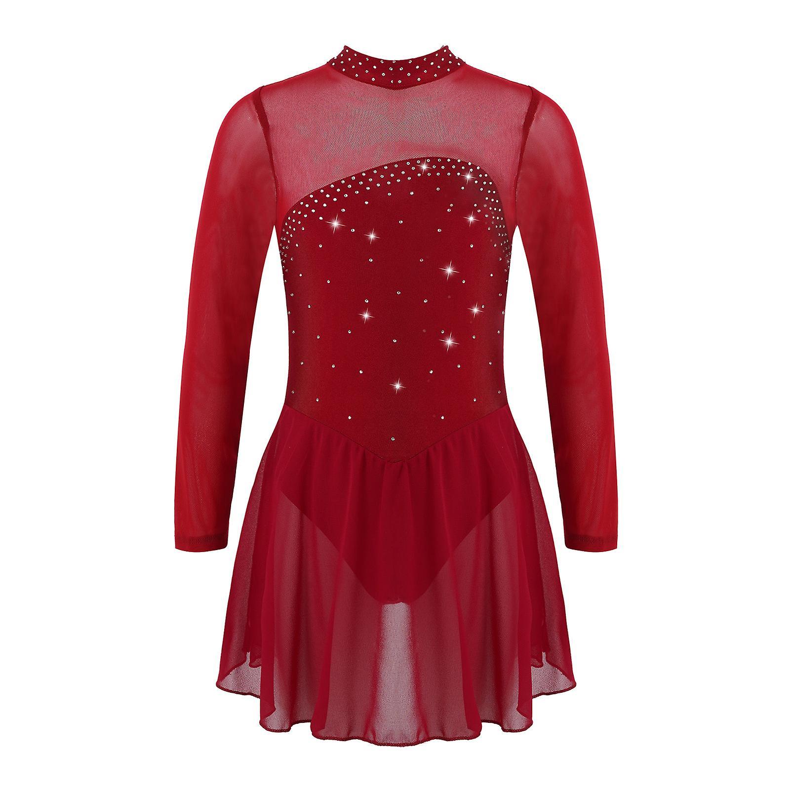 Aionyaaa Girls Shiny Rhinestone Sheer Mesh Ballet Dance Leotard Dress Kids Long Sleeves Keyhole Back Ice Skating Performance Show Costume Burgundy 14