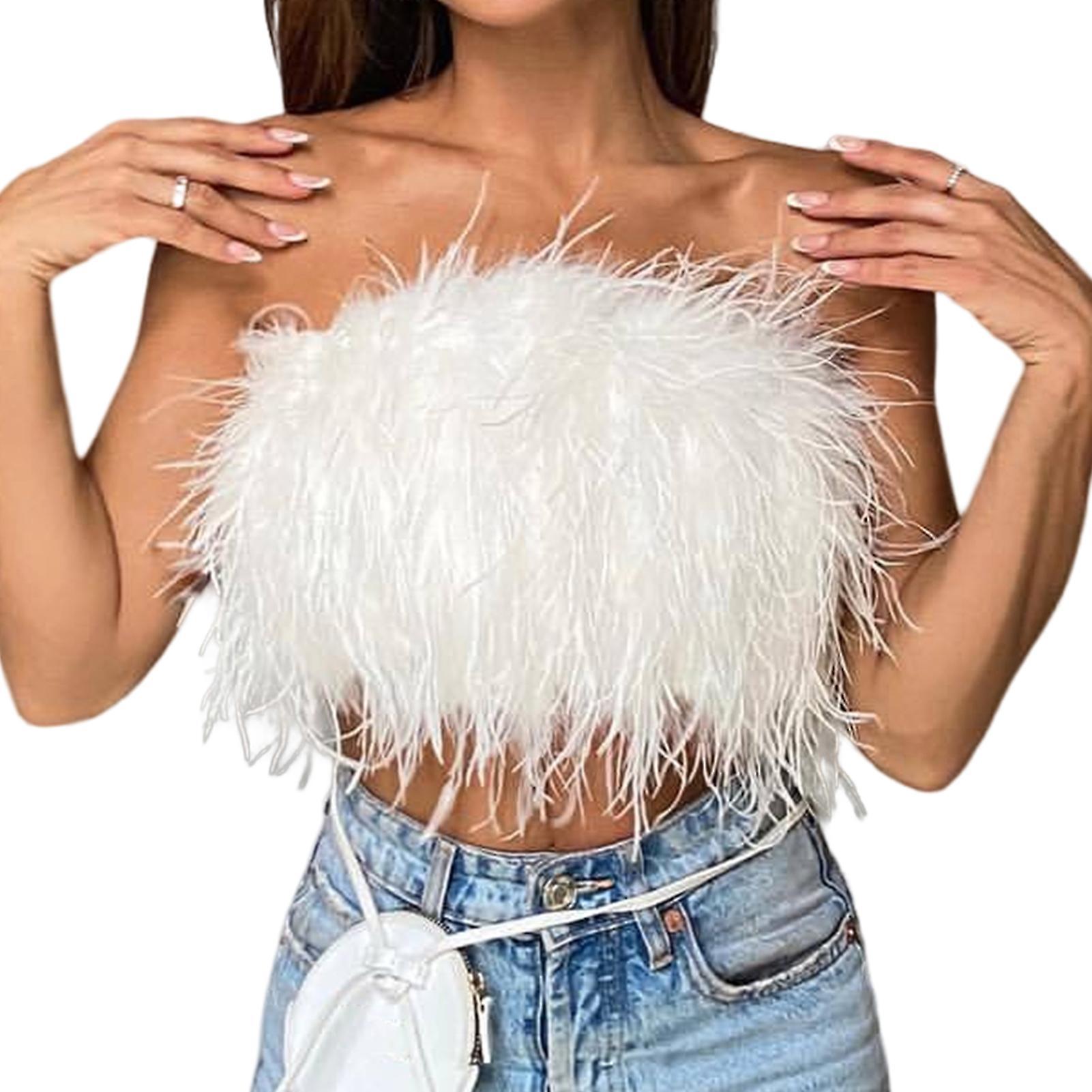 Fianao Party Crop Top Fluffy Skin-touch Sleeveless Off Shoulder Lady Camisole Night Party Clothes White S