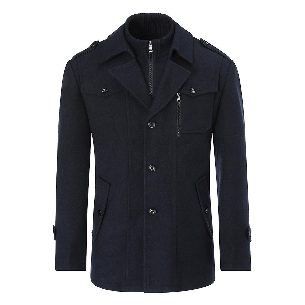 Sliktaa Mens Double Collar Pocket Pea Coat Dark Blue M