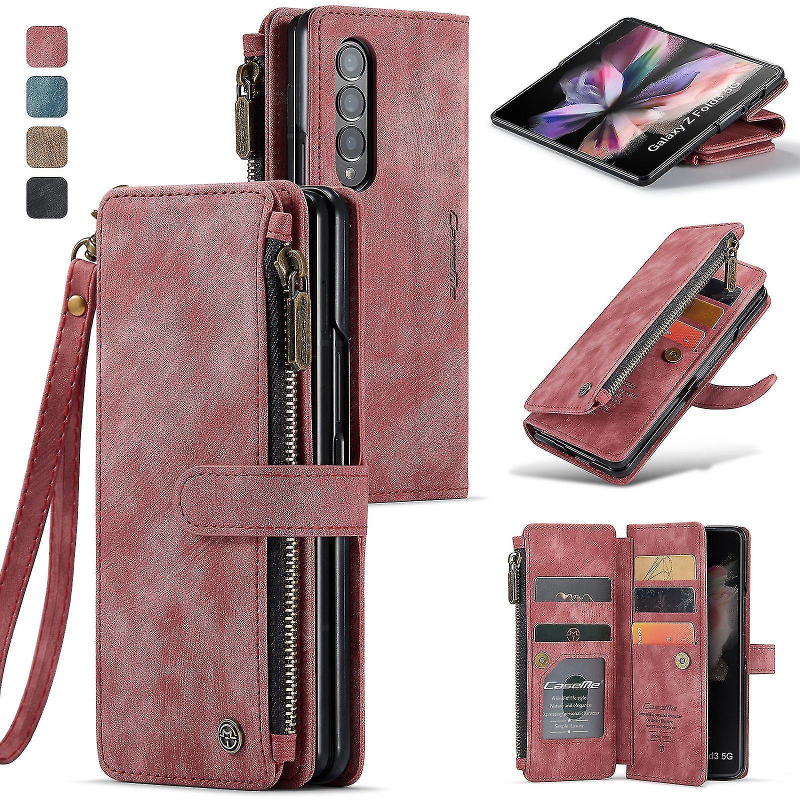 SML Wallet Case Compatible With Samsung Galaxy Z Fold 5, Pu Leather Magnetic Flip Cover With Card Holder And Lanyard Strap Red